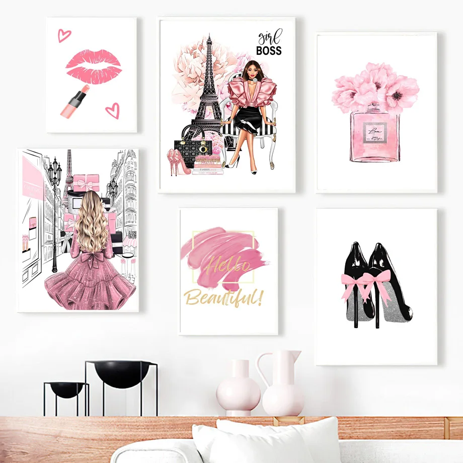 Fashion Girl Perfume High Heels Lipstick Flower Book Wall Art Canvas Nordic Poster  And Print Wall Pictures For Living Room Decor - Painting & Calligraphy -  AliExpress