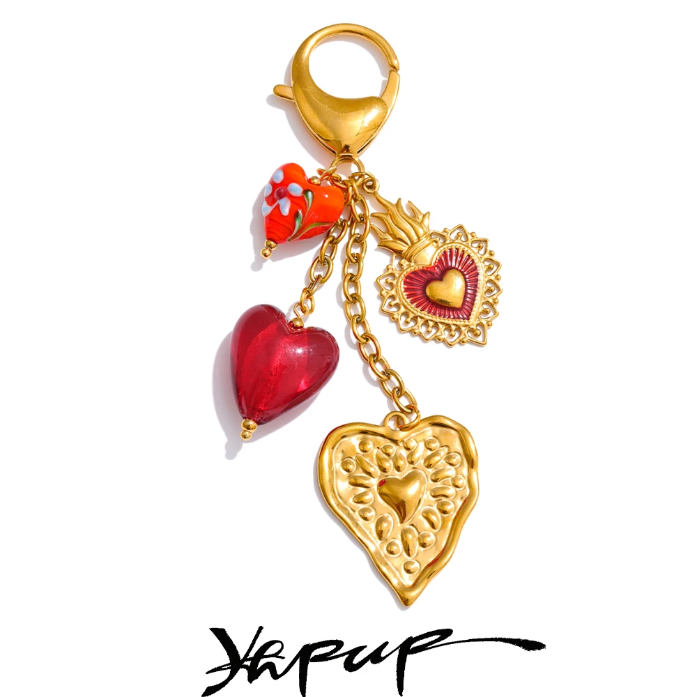 Yhpup Heart Pendant Keychain 18K Golden Stainless Steel