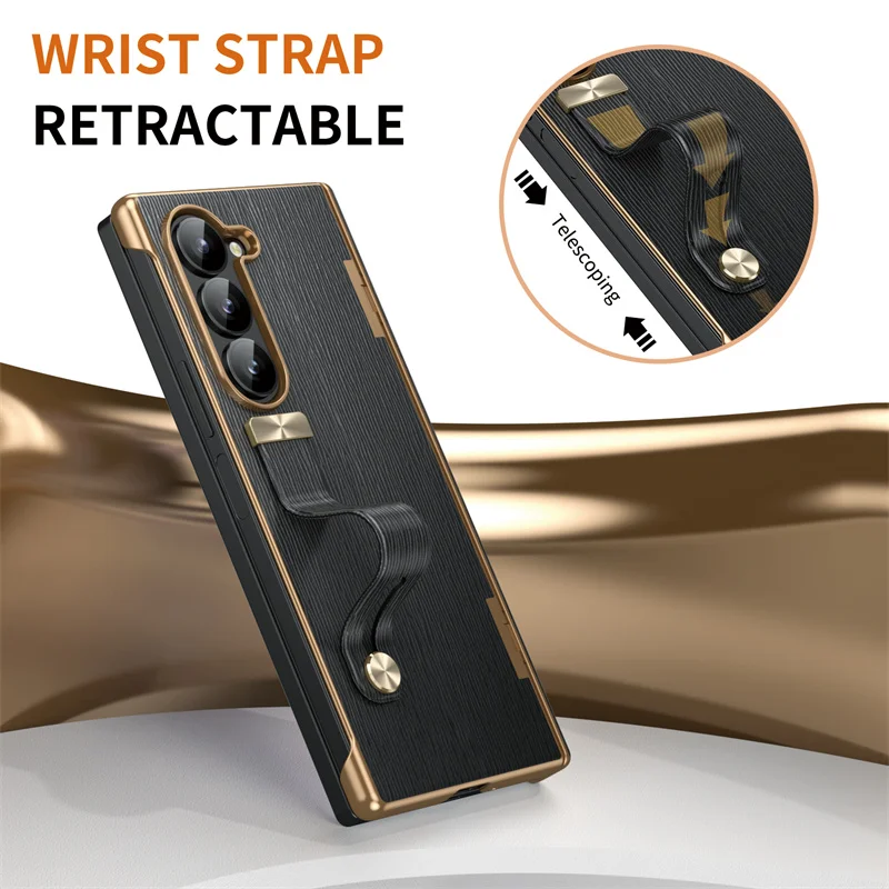 For Samsung Galaxy Z Fold 7 6 5 4 3 5G With Screen Protect Film Hinge Plating Frame Leather Phone Case With Wrist Strap Bracket | Gaffar India