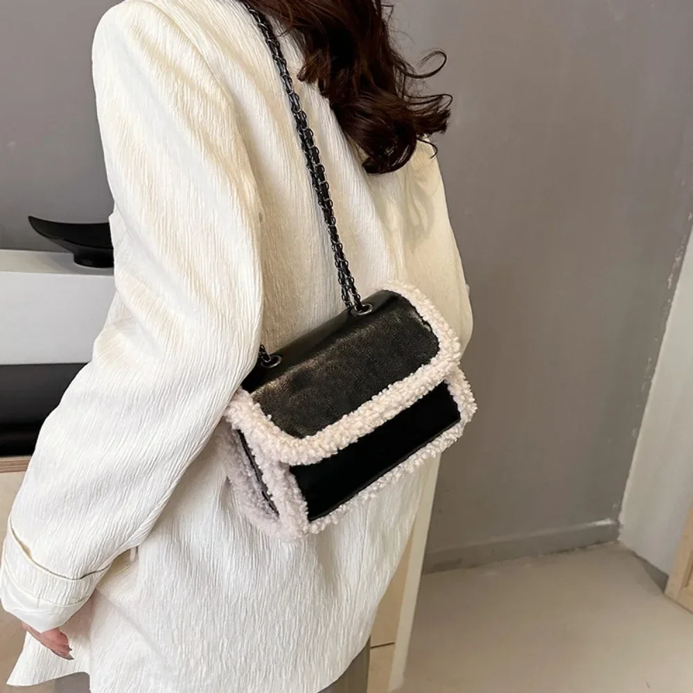 Retro Chain Shoulder Bags for Women PU Leather Fleece Flap Handbag Tote Fashion Female Faux Suede Splicing Crossbody Bag 숄더백