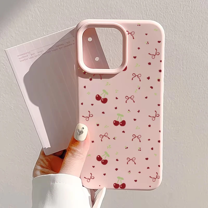 Cherry Silicone Shockproof Soft Leather Phone Case with Cute Heart and Bow Design
