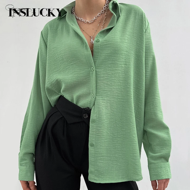 InsLucky Elegant Office Women Shirt Breathable Blouse Turndown Collar Long Sleeve Button Solid Shirt Summer Casual Female Tops