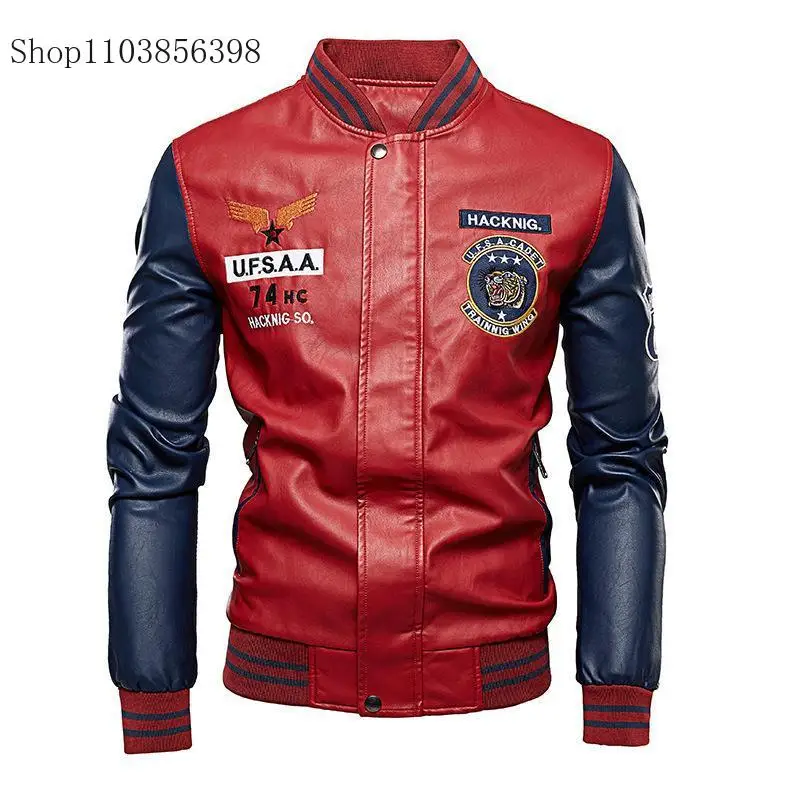 New Motorcycle Leather Jacket Men's Casual Fashionable Embroidered Baseball Jersey Slim Fit Zipper High Quality PU Jacket Male