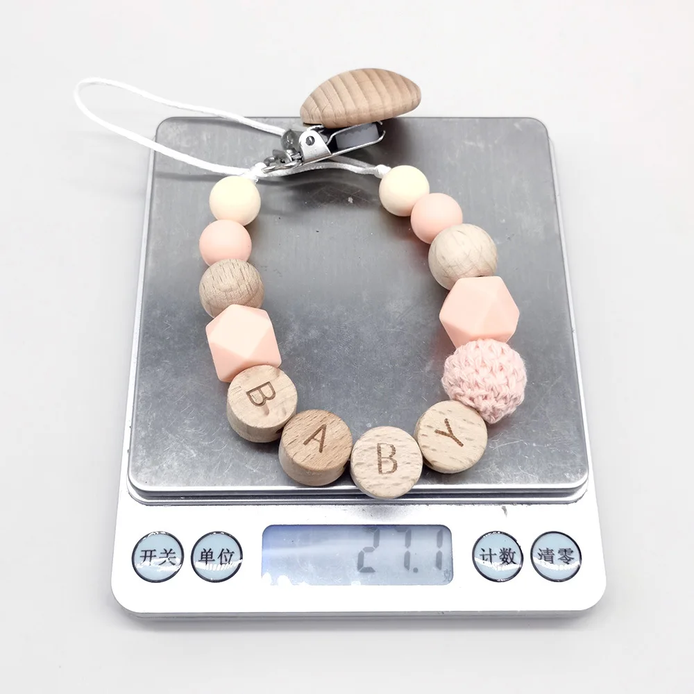 Personalized Name Pacifier Clips Wooden Flat Beads Handmade Toddler Teething Soother Chain Nipple Clip Dummy Holder