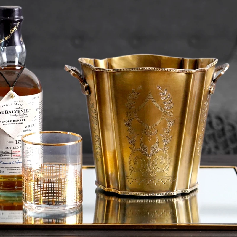 Hand Carved Brass Ice Wine Bucket Cooler Whiskey Wine Holder Retro Luxury Home Bar Barrel Copper Carving Whiskey Barrel