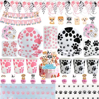 Decorazione per festa di compleanno con zampa di cucciolo rosa Stoviglie usa e getta Tovaglia con zampa di cane nero Piatto per tazze Regali per bomboniere per bambini 1