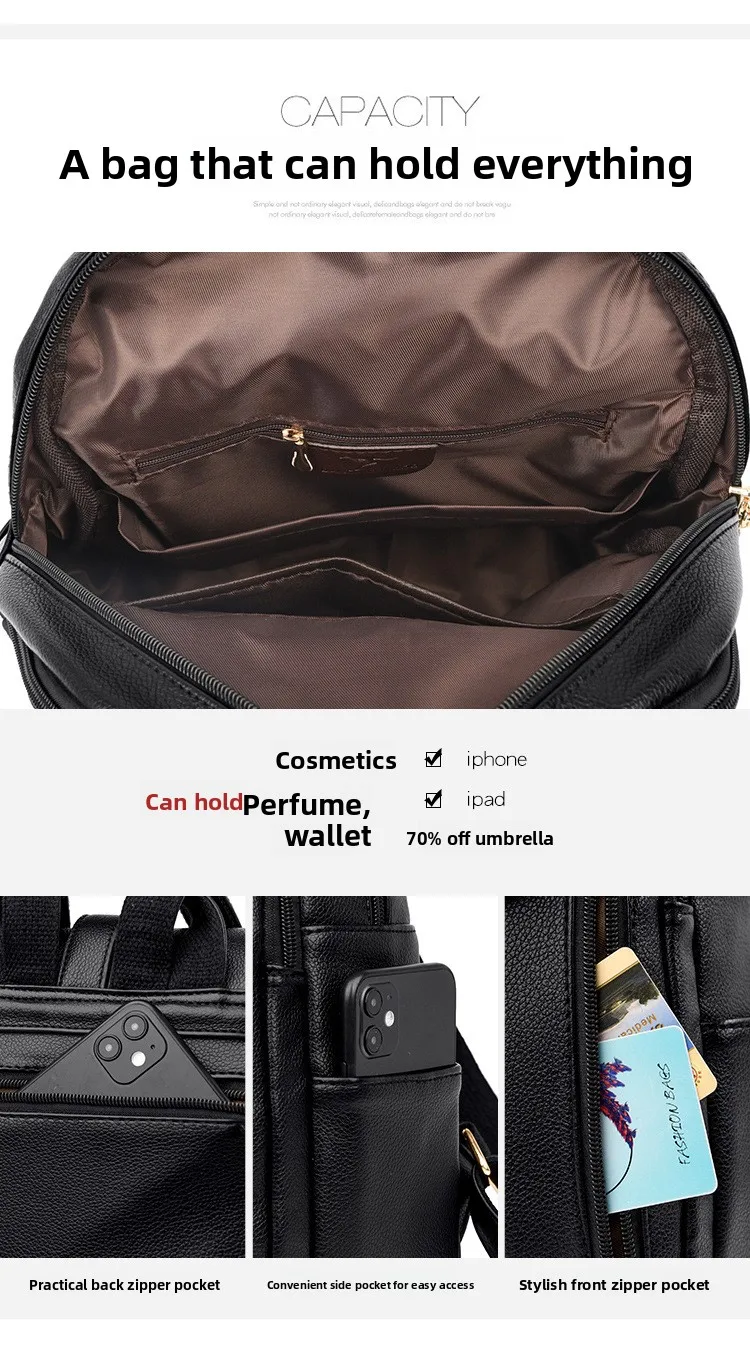 حقيبة ظهر نسائية من الجلد الناعم ذات سعة كبيرة، حقيبة أمي عصرية على طراز الشارع، حقيبة كتف مزدوجة، كاجوال للسفر مقاومة للماء