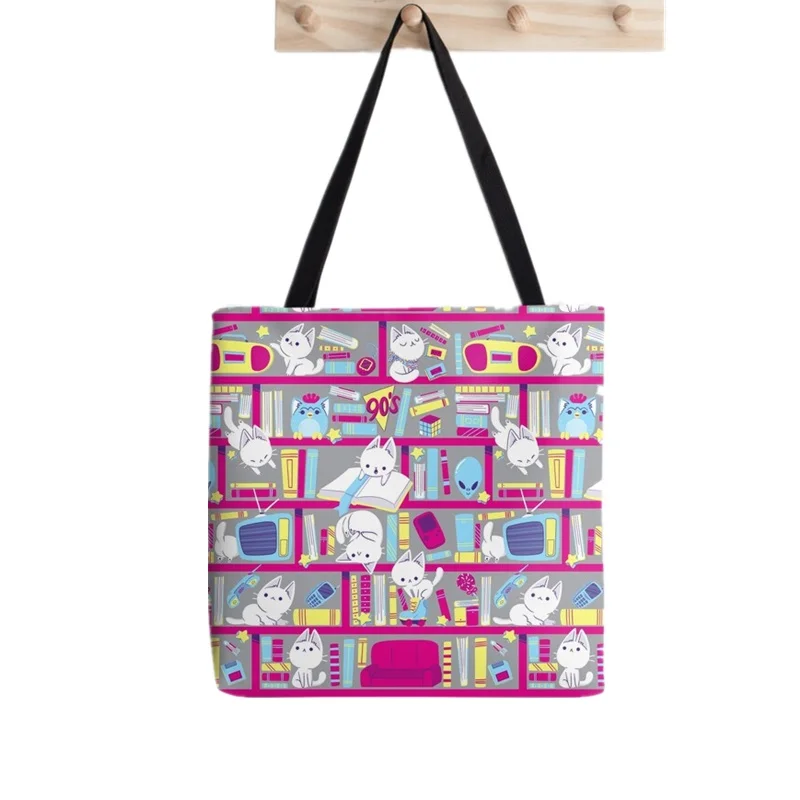 Women Shopper bag Funny Library cats Kawaii Bag Harajuku Shopping Canvas Shopper Bag girl handbag Tote Shoulder Lady Bag