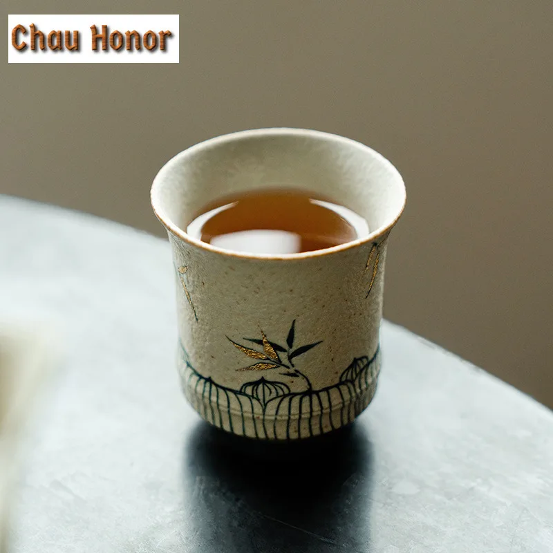 95ml Handmade Gold Drawing Bamboo Shadow Teacup Blue And White Flint Red Ceramic Master's Cup Large Smelling Fragrant Mug Gifts