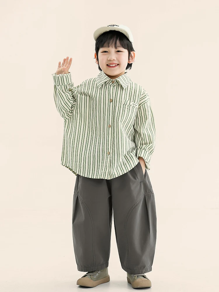 2026년 봄 남아용 긴팔 스트라이프 셔츠 한국 스타일 면 아동복 블록 캐슬 신상품 봄 패션 키즈