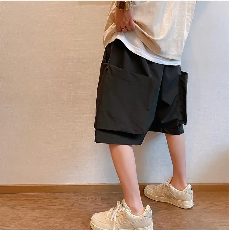Men Trendy Casual Streetwear Hip Hop Big Pocket Design Cargo Short Pants Y2K 2024 Summer Youth Solid Oversize Baggy Beach Shorts