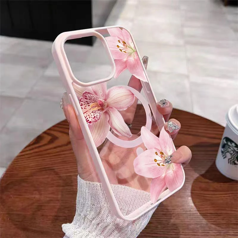 Pastel Pink Floral Lily Orchid Magnetic Phone Case Cover