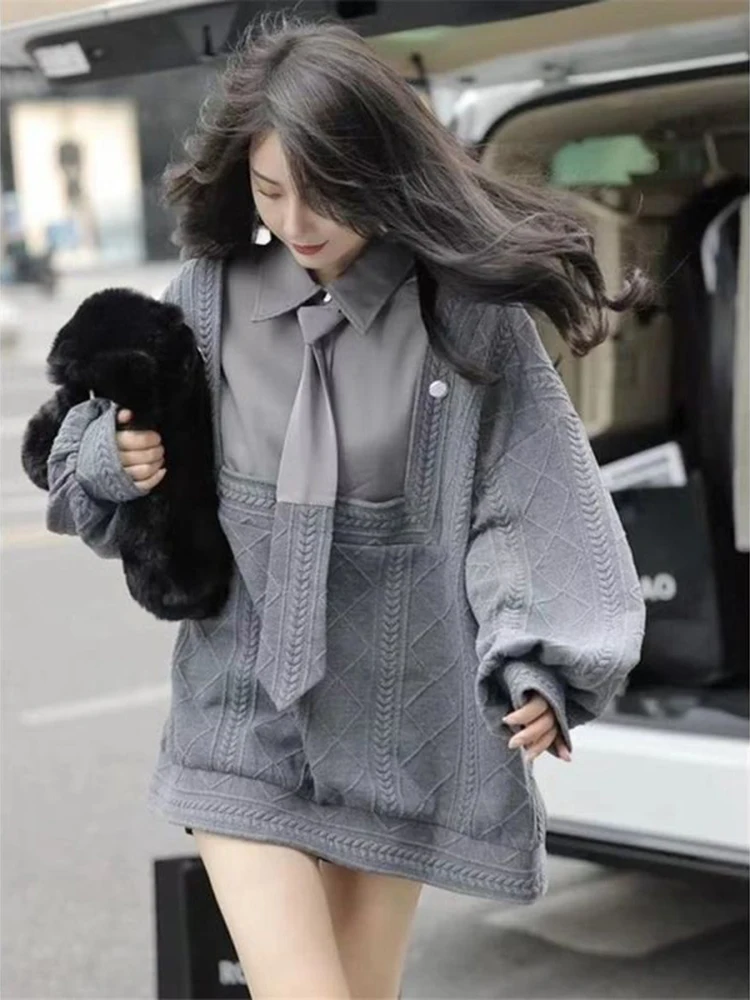

Harajuku Pullover Hoodie Women Loose Spring Autumn Patchwork Polo Tie Sweatshirts Female Oversized Sudaderas Mujer