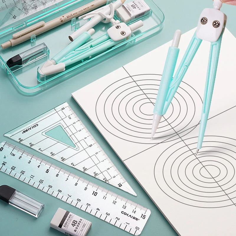 Compasses and Rulers 9-piece Set Kawaii Triangle Ruler Ruler Student Set Multi-functional Mathematical Drawing Compass
