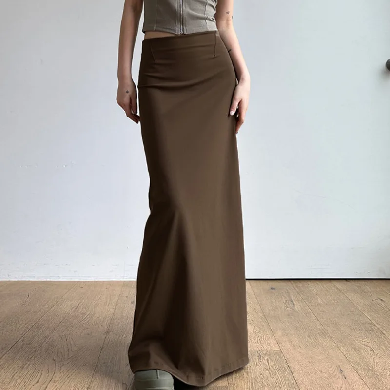 

HOUZHOU Elegant Brown Maxi Skirt Women 2023 Autumn Fashion Vintage High Waist Sexy Slim Split Hem Hip Wrap Long Skirt Streetwear