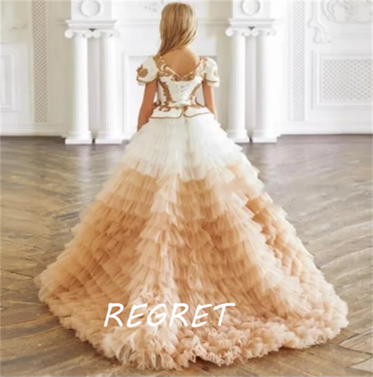 

Champagne Flower Girl Dresses Cap Sleeves Tiered Golden Appliques Princess Birthday Pageant Gown Robe De Demoiselle