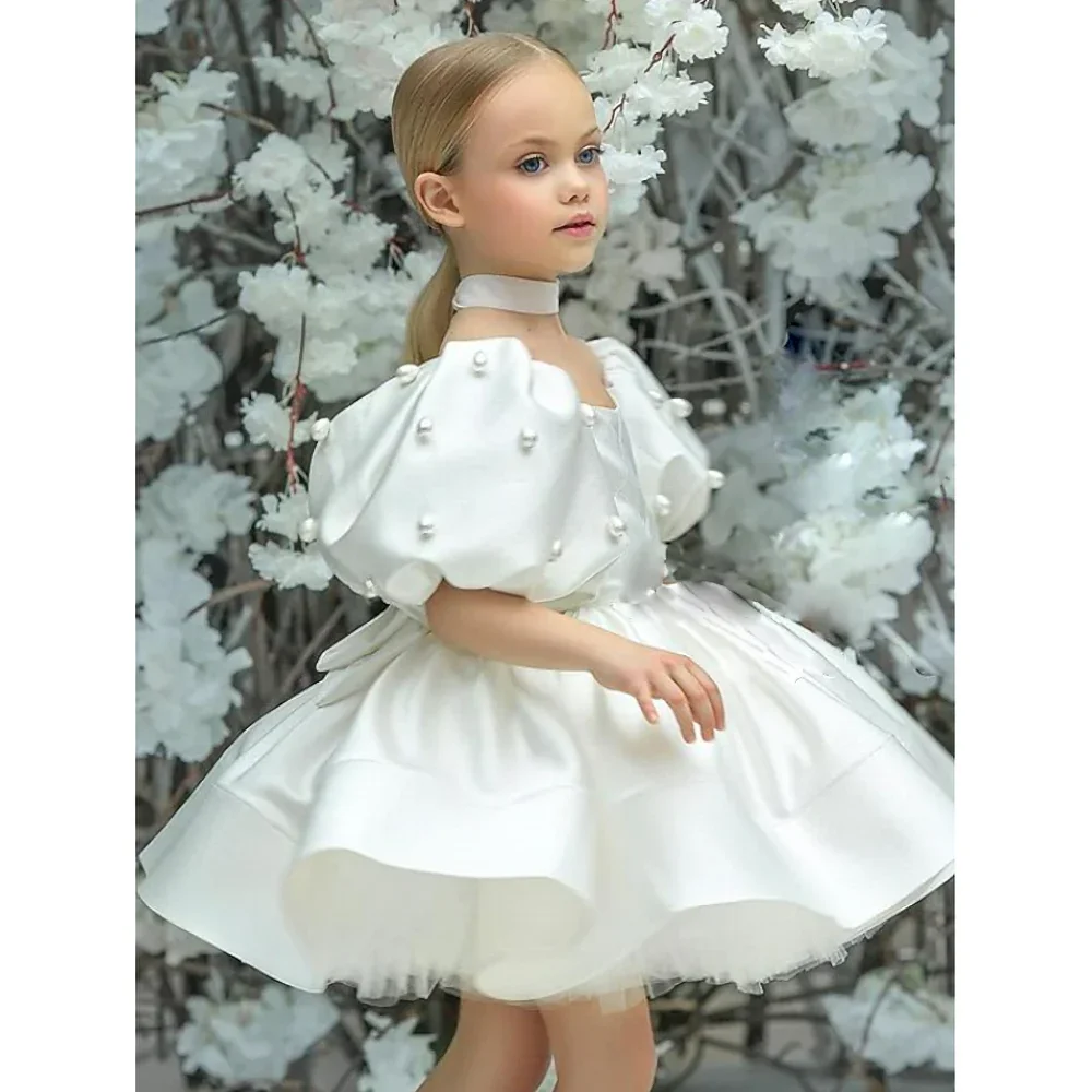 

Модные атласные платья с квадратным вырезом для девушек, элегантные пышные короткие Бальные платья из искусственной кожи, рождественские платья для первого причастия