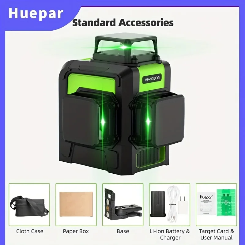 

Huepar Professional 12-Line 3D Cross Line Laser Level with Self-Leveling, 360° Vertical and Horizontal, and Osram Green Laser