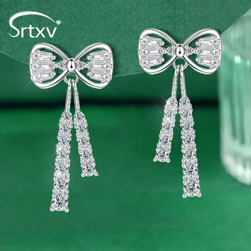 

Real Round Moissanite Bowtie Tassels Drop Earrings 925 Sterling Silver Ear Studs For Women Wedding Birthday Party Gifts Jewelry