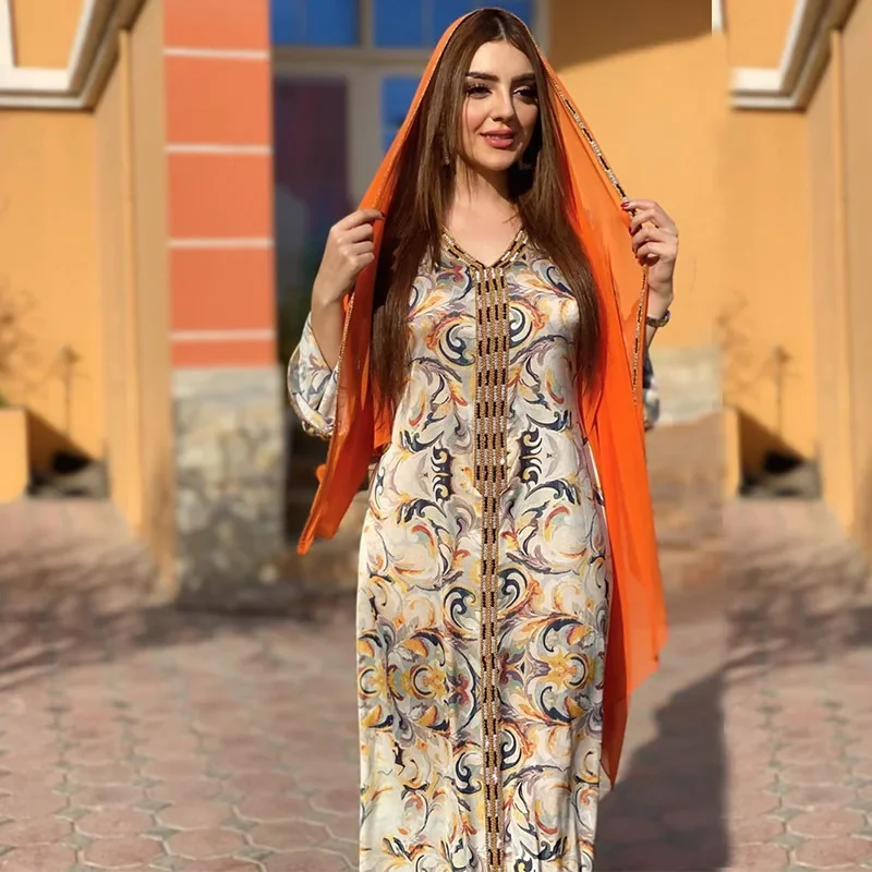 

Women V Neck Dress Ramadan Hijab Abaya Orange Floral Printed Long Sleeve Dubai Arab Islam Muslim Eid Caftan Marocain Femme Robe
