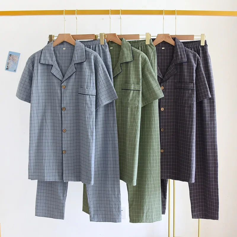 Men Trousers Pajamas Set Spring Summer Thin Plaid Design Cotton Fabric Short Sleeved Long Pants