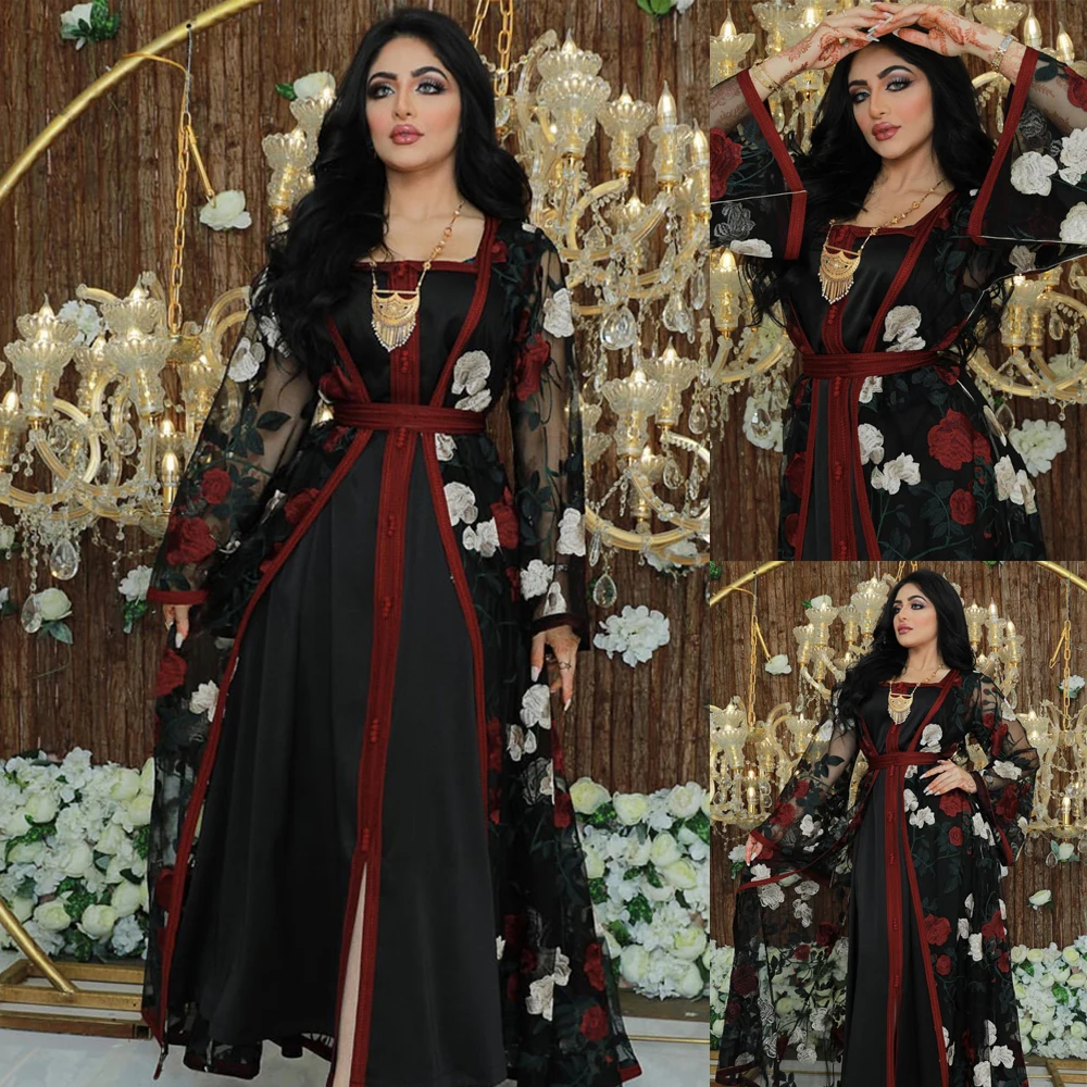 luxury-dress-abaya-woman-black-flower-embroidery-lace-muslim-2-piece-set-female-jalabiya-arabic-kaftan-with-inner-dress-jalabiya