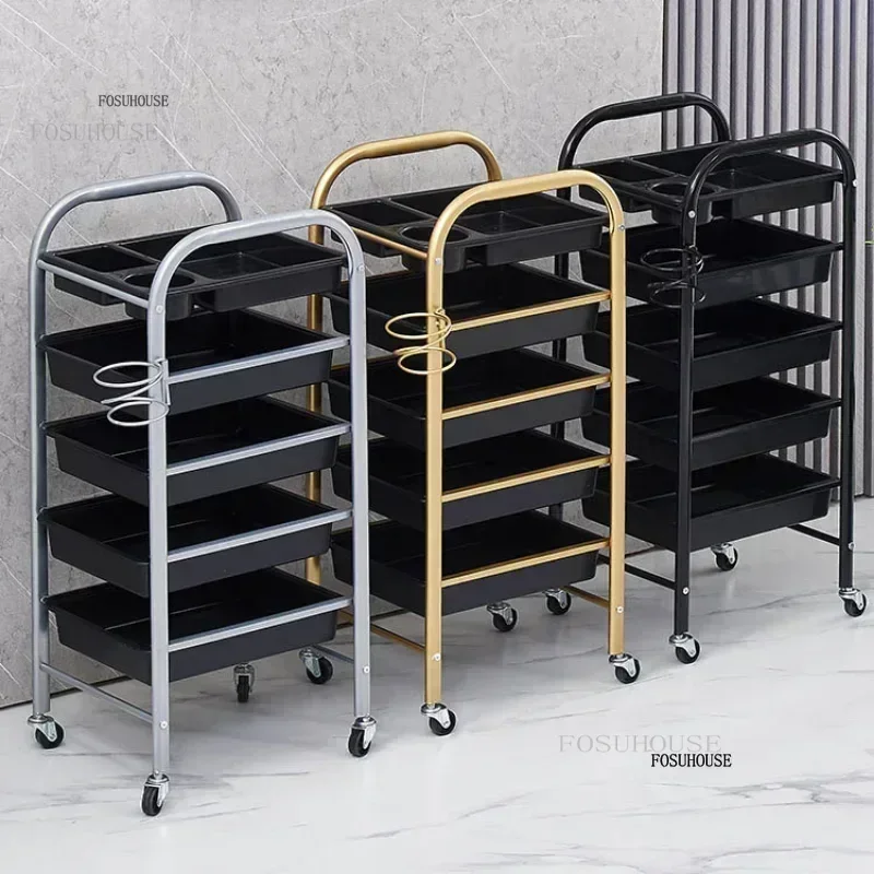 Household Durable Salon Trolley Hair Salon Commercial Furniture Trolley Retro Barber Shop Tool Cart Multi-layer Storage Shelf M