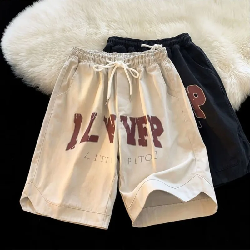 New Elastic Waist Solid Color Letter Printing Straight Cylinder Summer Youth Men Popular Fashion High Street Casual Loose Shorts