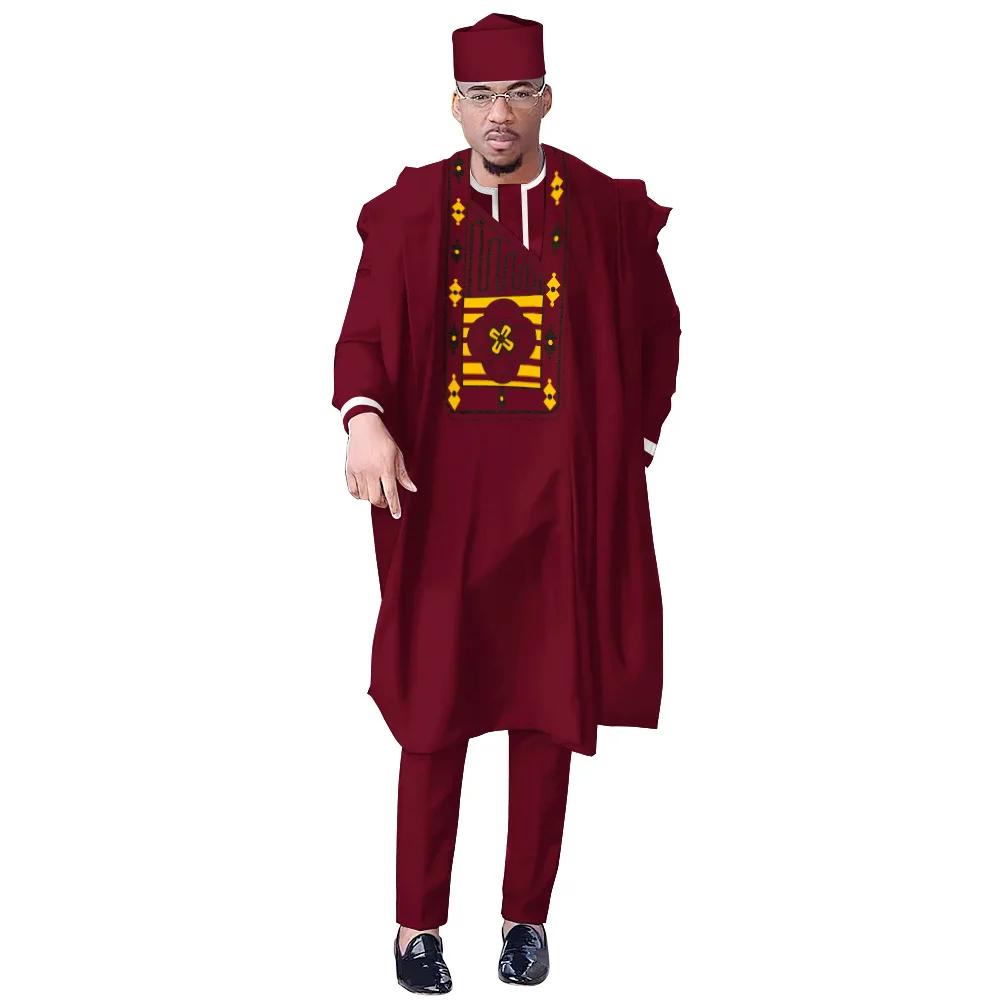 Traditional Boubou Shirt Pants with Hat 4 PCS Set Wedding Party Clothes African Bazin Riche Outfits Ankara Dashiki Men Agbada