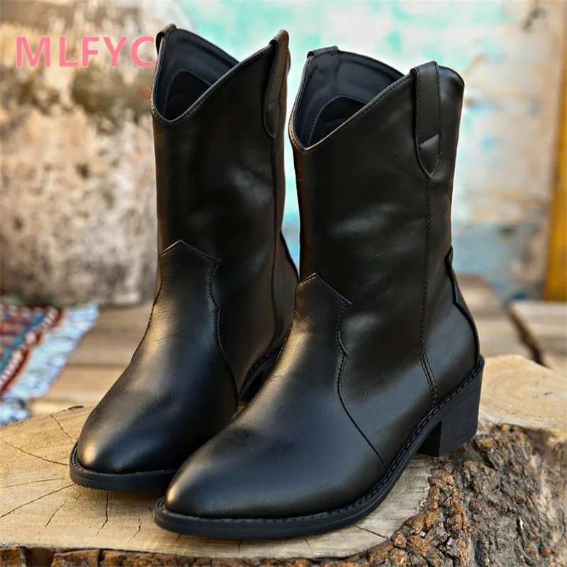Vintage Western Cowboy Boots Women's Winter New Slim Pointed Mid Sleeve Boots Thick Heel Knight Short Boots