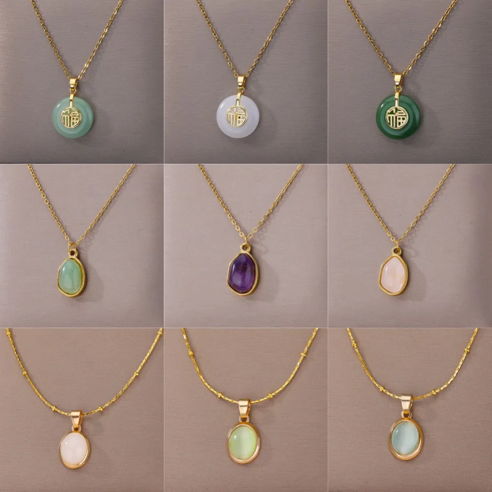 Fashion Oval Opal Pendant Necklace Stainless Steel Chain 18 K Gold Color Cute Lucky Jewelry For Women Accesorios Birthday Gift 1