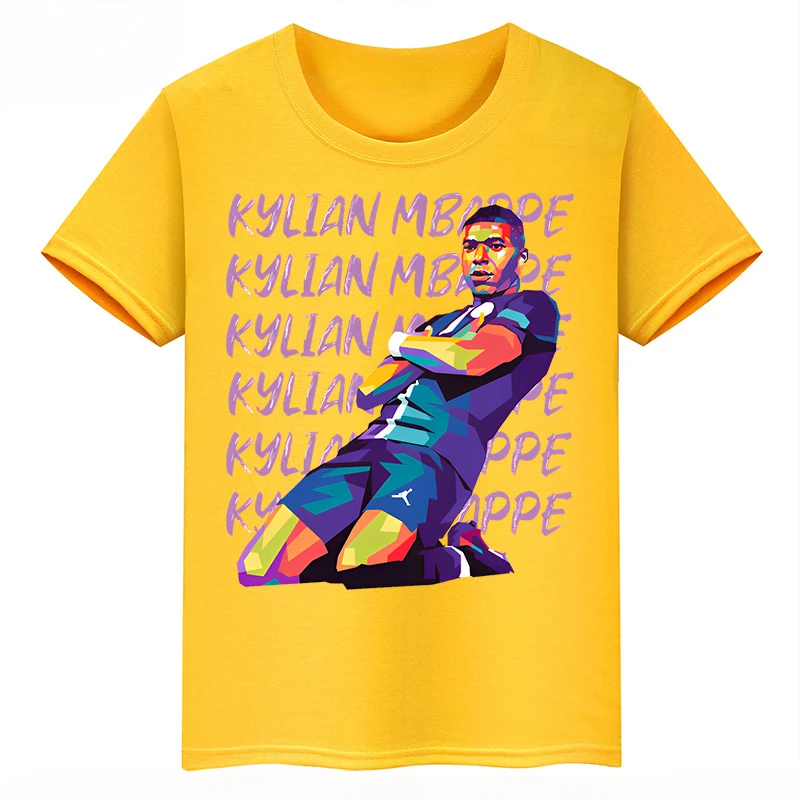 thumbnail image 1 of Camiseta deportiva de algodón amarilla de manga corta de verano para niños y niñas con estampado de avatar de Mbappé, 1 of 5