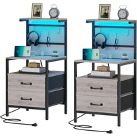 Nightstand Set of 2 with Charging Station and LED Lights,  Bedside Table 36.4 Inch ,  Side Table, Mesh Shelves with Hooks 1