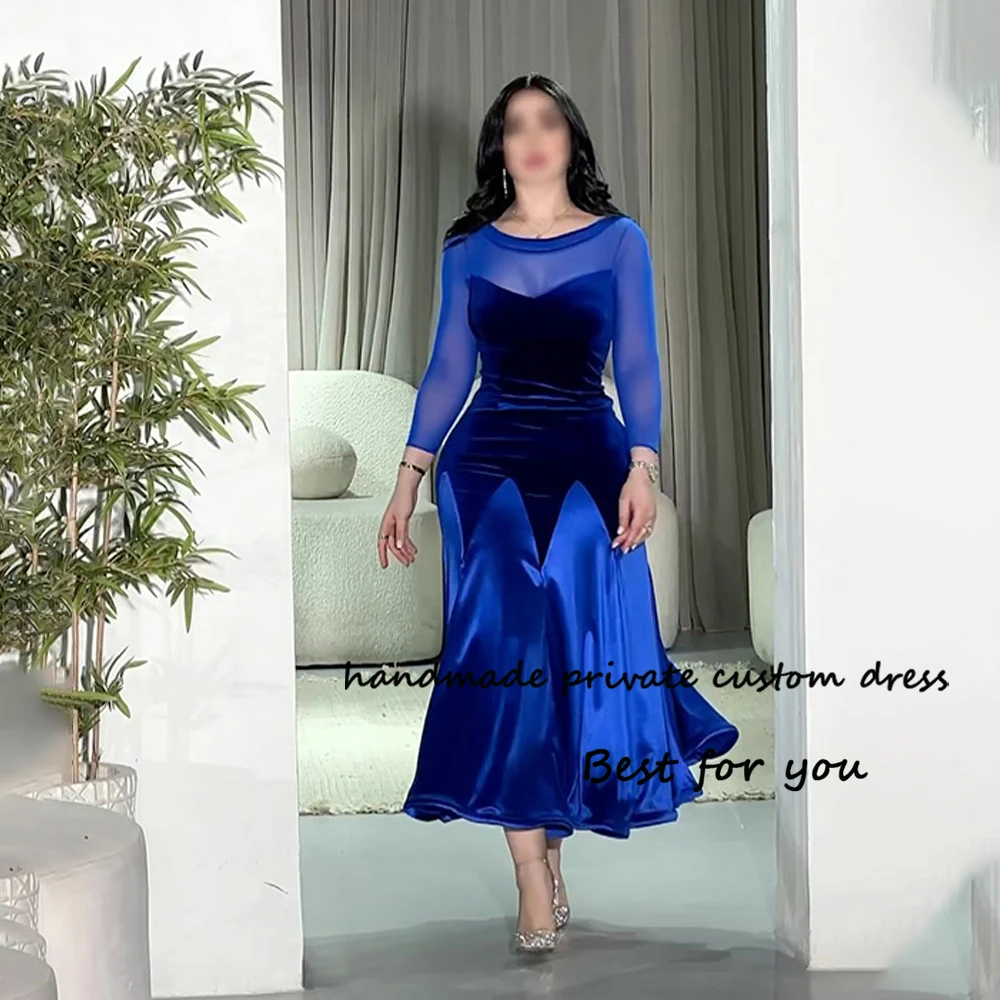 

Royal Blue Mermaid Evening Dresses Long Sleeve O Neck Arabian Dubai Formal Dress Tea Length Occasion Prom Gowns 2024