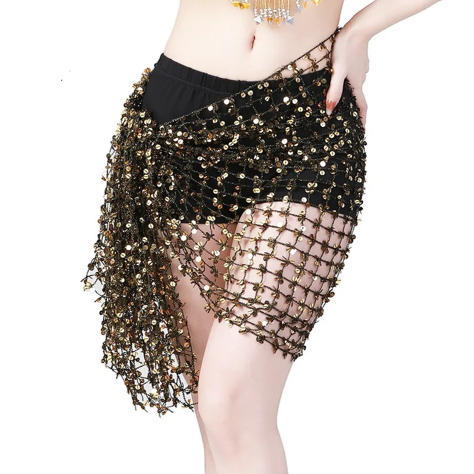 Sciarpa Per Danza Del Ventre Con Paillettes E Monete, Taglia S E Plus, In Chiffon Nero, Lavorata A Mano