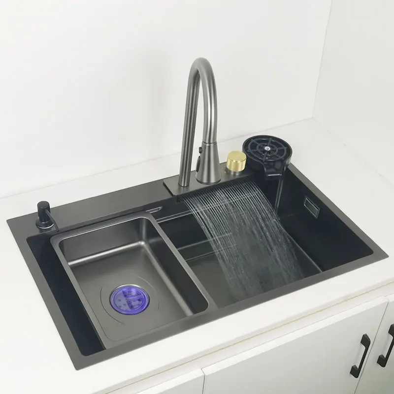 

gun grey kichen sink Waterfall faucet Nano sink 304 Stainless Steel DarkGray Topmount Single Bowl Wash Basin with chopping board