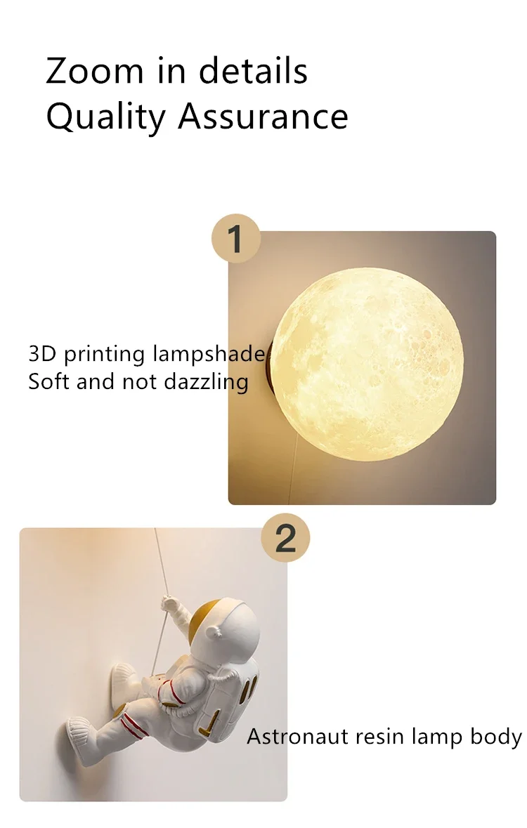 Description Picture 6 of itemChildren's Room Moon LED Wall Lamp Modern Minimalist Creative Astronaut Copper Cartoon Boy Bedroom Bedside Background Wall Lamp