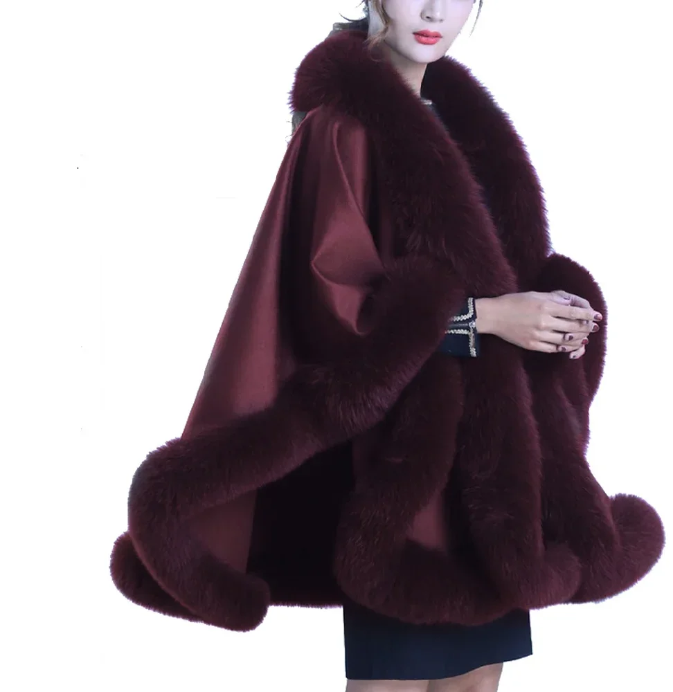 

Women Real Cashmere Cape Real Fox Fur Trim all around Poncho Winter Warm For Wedding Party