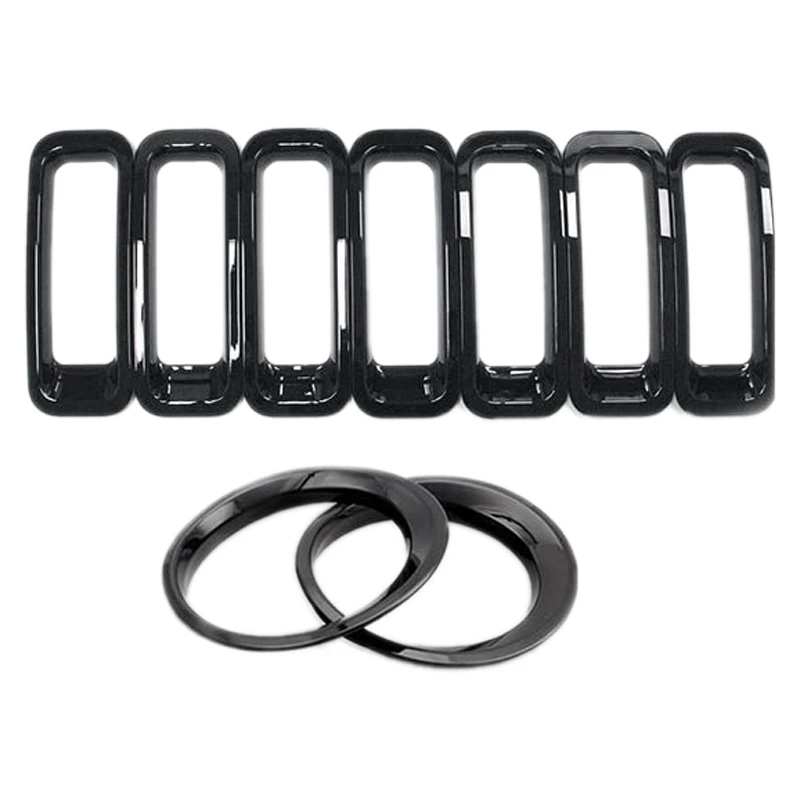 

9Pcs Front Grill Mesh Grille Insert Kit + Light Lamp Cover Trim For 2011-2016 Jeep Patriot