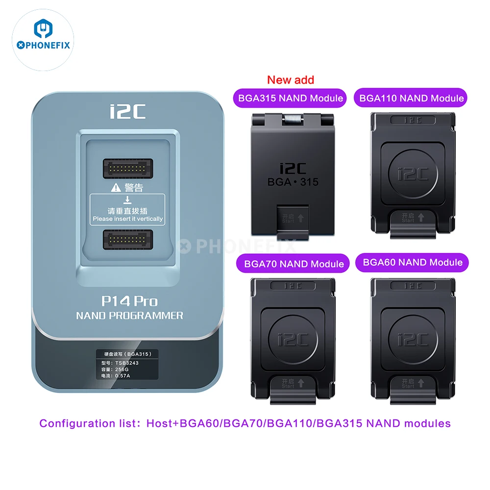 

I2C P14 Pro BGA315 BGA70 PCIE NAND HDD Programmer for iPhone 5G-15 Pro Max Purple Screen SYSCFG Data Read Write SN Unbind Wifi
