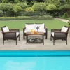 4-Piece Patio Furniture Set, Patiojoy Acacia Wood Outdoor PE Wicker Conversation Set with Cushions,PE Rattan Sectional Sofa Set 1
