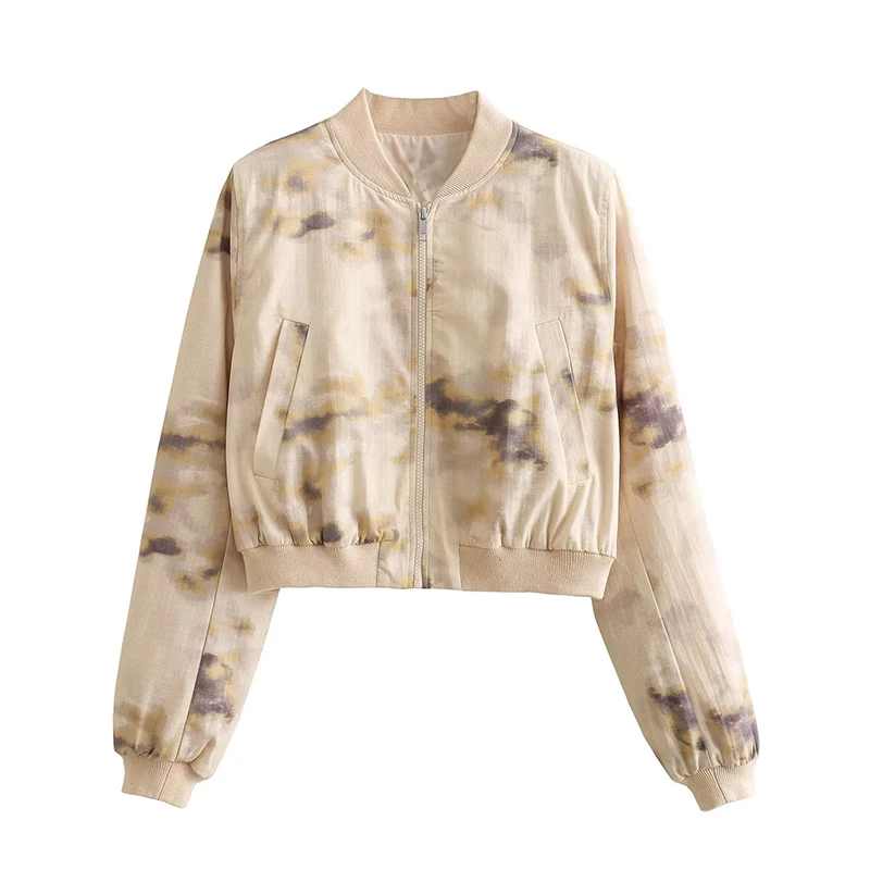 

YENKYE 2023 Women Round Neck Long Sleeve Printed Bomber Jacket Vintage Pockets Zipper Female Casual Loose Crop Outerwear