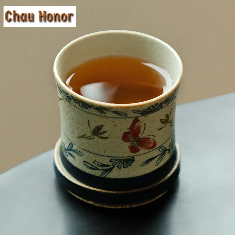 80ml Blue And White Flint Red Rotating Cup Handmade Gold Drawing Butterfly Orchid Master Cup Personal Coffee Mug Beautiful Cups