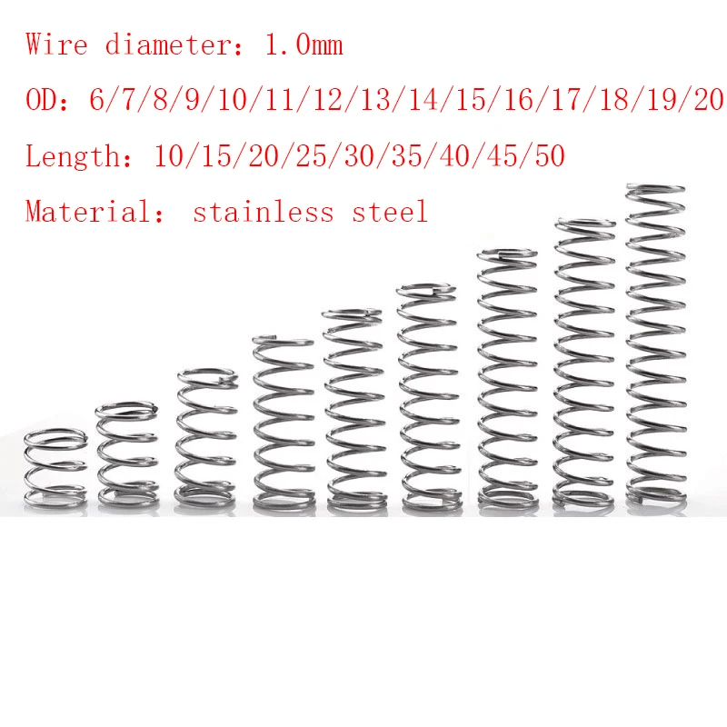 5-10pcs/Lot 1.0mm Stainless Steel Small Compression Spring OD 6/7/8/9/10/11/12/13/14/15/16/17/18/19/20mm Length 5mm to 50mm