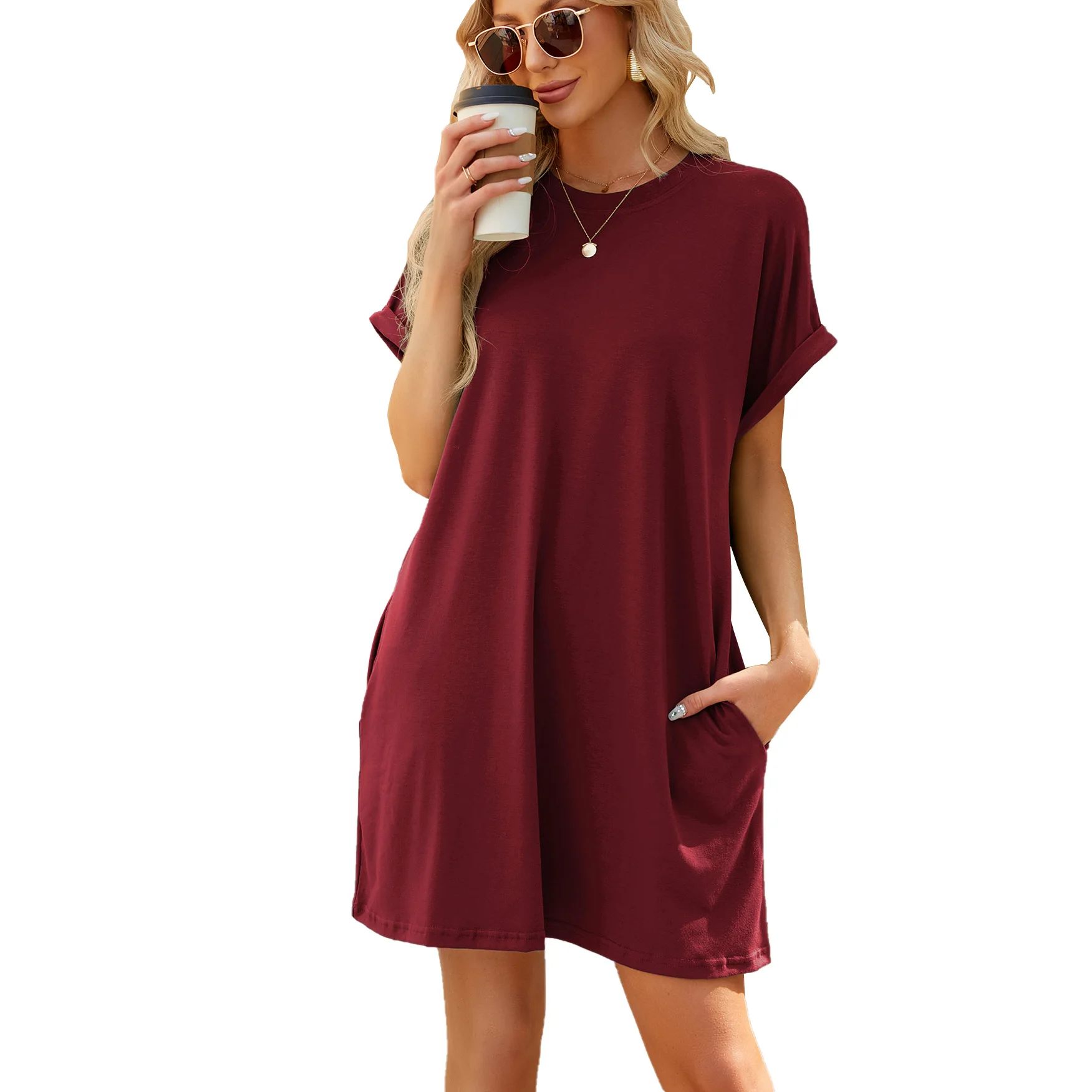 

Women's Short Sleeve T Shirt, Medium Dress, Solid Round Neck, Pockets, Summer