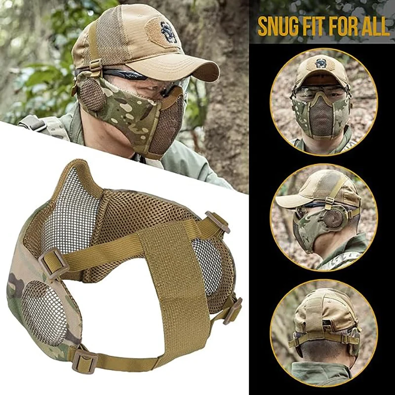 ONETIGRIS Tactical Airsoft Paintball Foldable Mask Metal Steel Mesh Adjustable CS Field Wargame Shooting Protective Elastic Mask