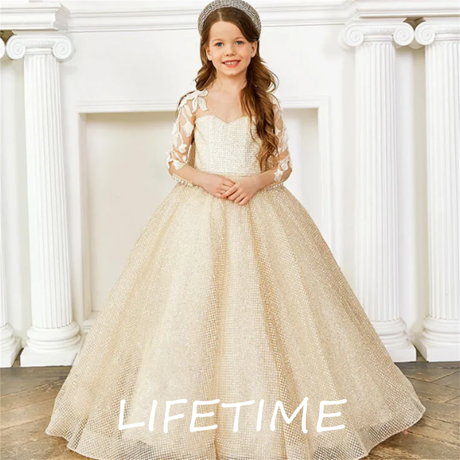 

Princess Wedding Frock Elegant Luxury Champagne Flower Little Girl Tulle Dresses Wedding Birthday Party Dress For Kids Baby