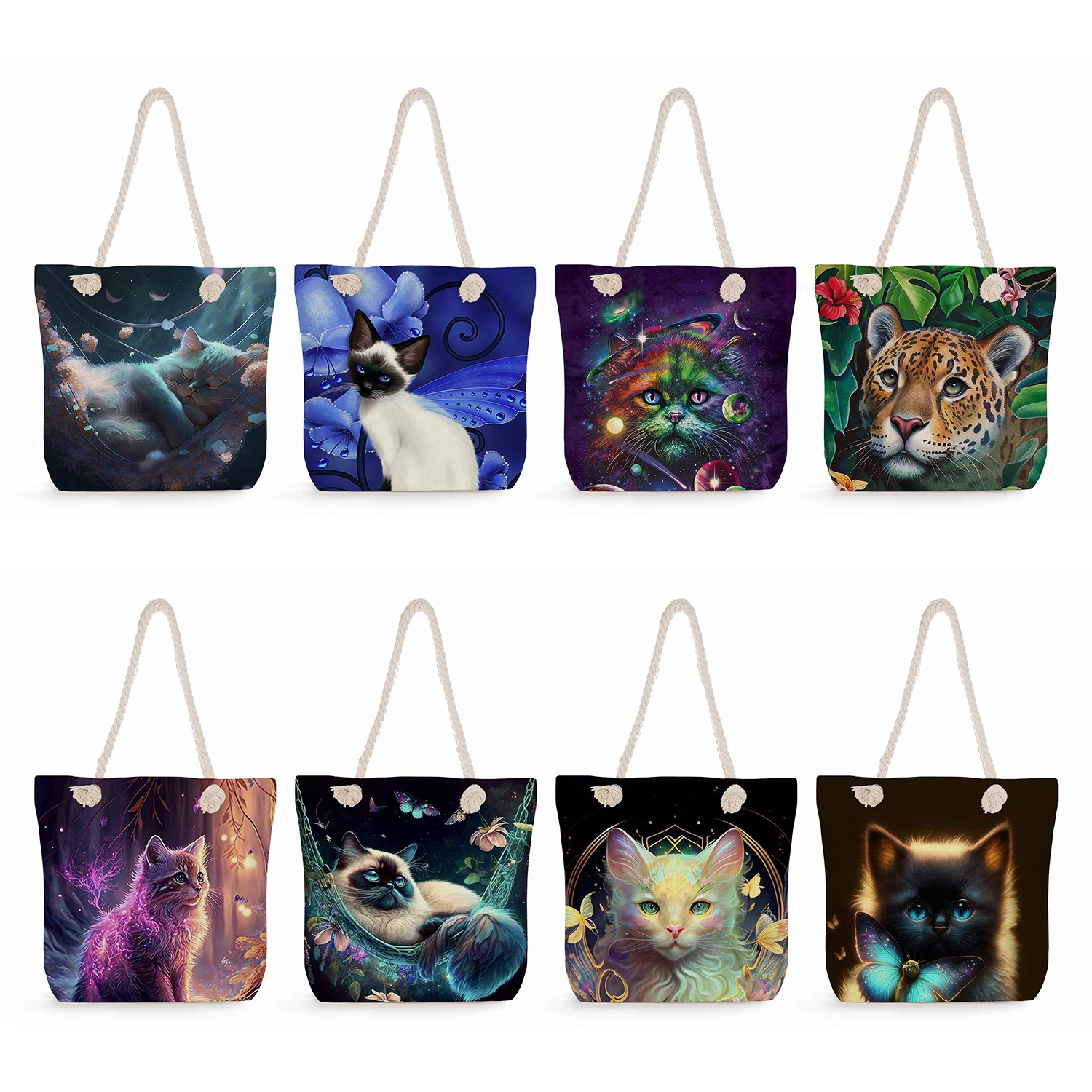

Women Shopping Tote Bags Foldable Eco Reusable Travel Thick Rope Beach Bags Casual High Capacity Butterfly Cat Print Handbags