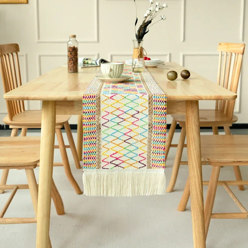 

Boho Table Runner Cotton Linen Woven Color Matching Tassel Table Runner Home Wedding Party Rectangle Table Decoration