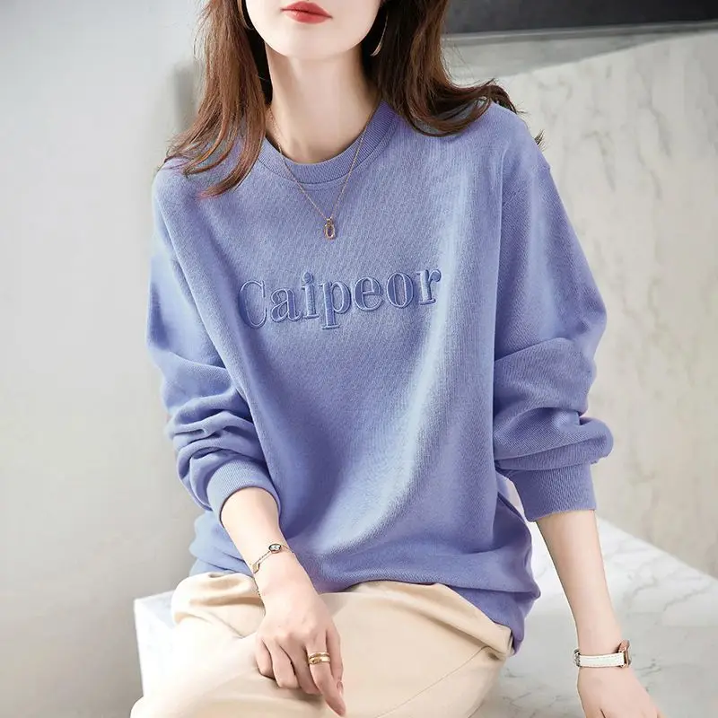 Women Simple Casual Streetwear Letter Embroidery Loose Sweatshirts Autumn Winter Trendy Solid Long Sleeve Fleece Pullover Tops